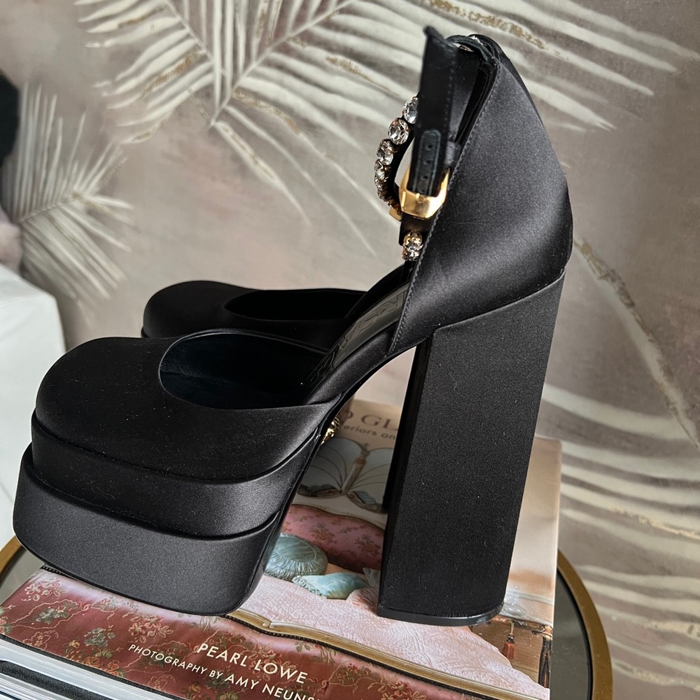 Versace Black Satin Platform Mary Jane Heels with Crystal Buckle